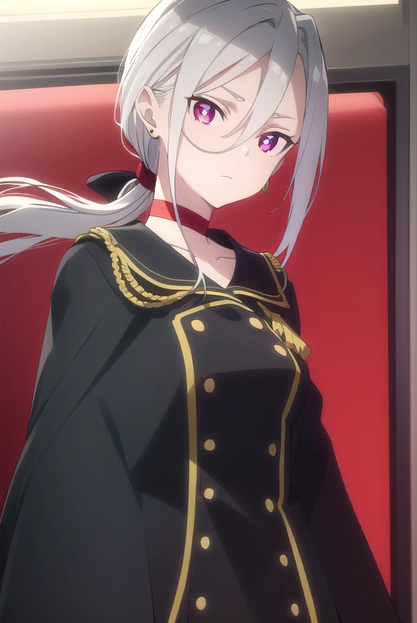 izettasophie, <lora:izetta sophie s1-lora-nochekaiser:1>,
sophie, long hair, bangs, (red eyes:1.3), hair between eyes, ponytail, grey hair, low ponytail, (parted bangs:1.5),
BREAK jewelry, earrings, choker, cape, uniform, military, military uniform, buttons, epaulettes, red choker,
BREAK indoors,
BREAK looking at viewer, dynamic pose,
BREAK <lyco:GoodHands-beta2:1>, (masterpiece:1.2), best quality, high resolution, unity 8k wallpaper, (illustration:0.8), (beautiful detailed eyes:1.6), extremely detailed face, perfect lighting, extremely detailed CG, (perfect hands, perfect anatomy),