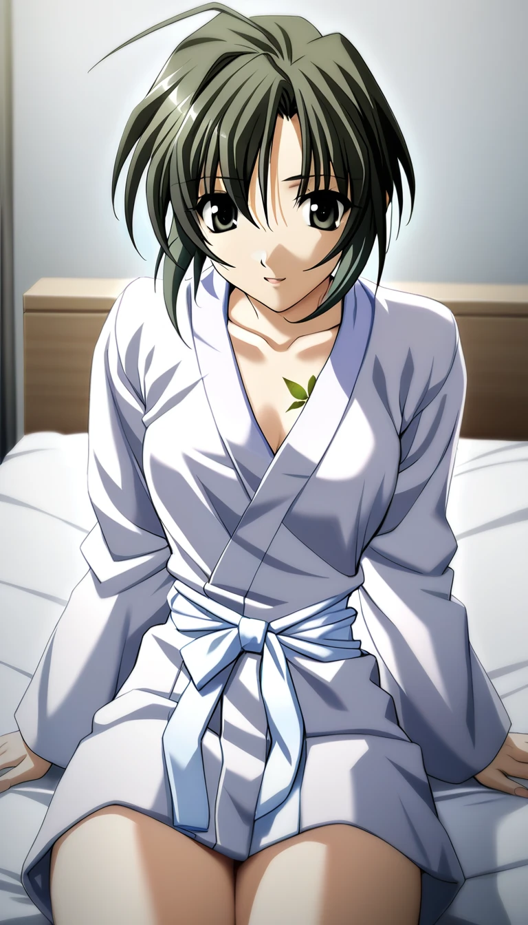 1girl,Kurosu Kanata,bathrobe, green butterfly tattoo,on bed,indoors,masterpiece,solo,best quality,game cg,(depth of field:0.6),(detailed beautiful eyes:1.3),(beautiful face:1.2),<lora:KurosuKanataXL:1>,