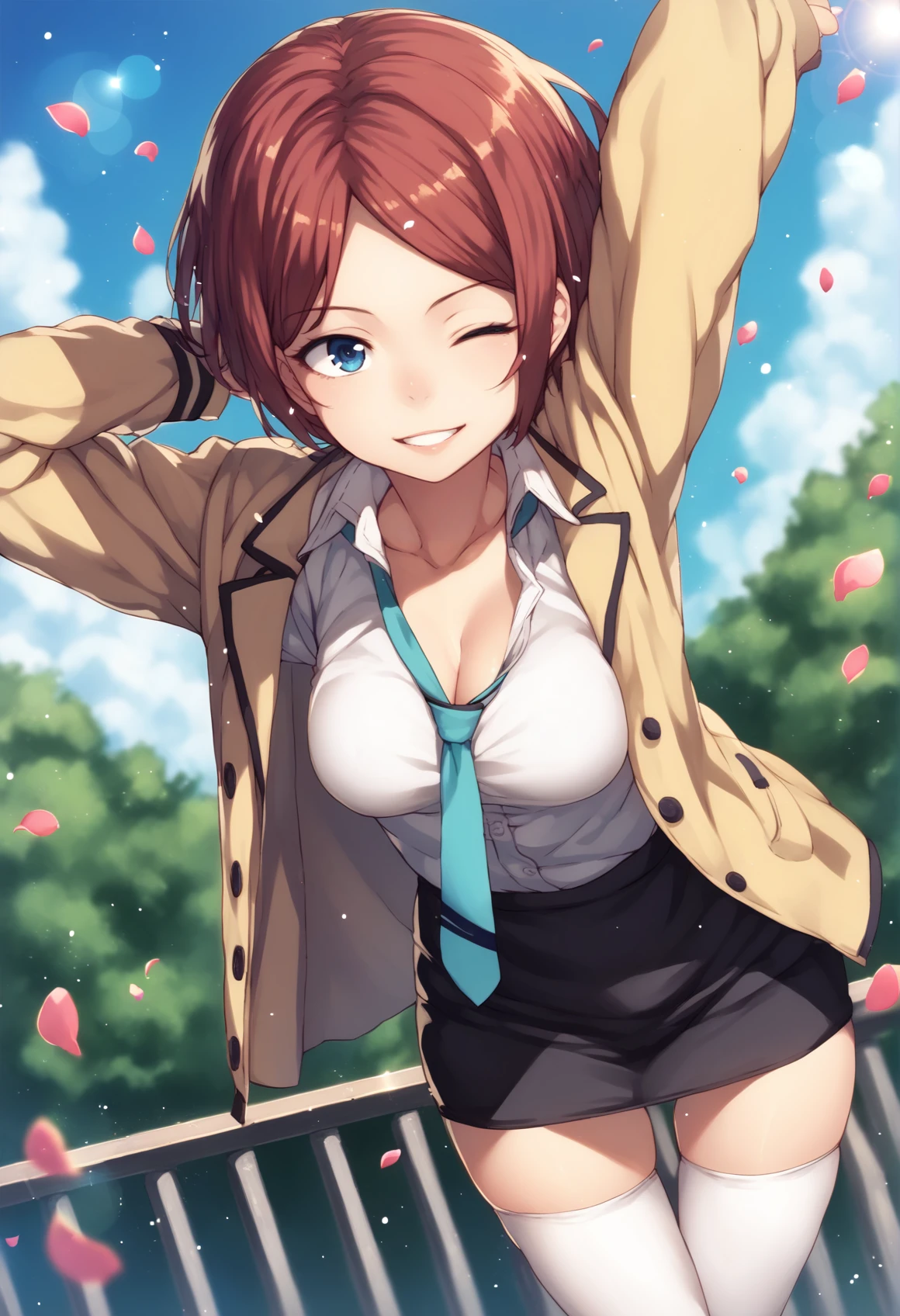 1girl, aqua necktie, arm behind head, arms up, black skirt, blue background, blue eyes, blue sky, blurry, breasts, bush, buttons, cleavage, cloud, collarbone, collared shirt, cowboy shot, day, depth of field, dutch angle, falling petals, glint, hair intakes, half-closed eye, happy, jacket, leaning forward, lens flare, long sleeves, looking at viewer, medium breasts, miniskirt, necktie, one eye closed, open clothes, open jacket, outdoors, parted lips, pencil skirt, petals, railing, red hair, school uniform, shirt, shirt tucked in, short hair, sidelocks, skirt, sky, smile, solo, standing, stretching, teeth, thighhighs, thighs, undone necktie, white shirt, white thighhighs, yellow jacket, zettai ryouiki <lora:tasaka_shinnosuke cyocyo:1>, score_9, score_8_up, score_7_up, score_6_up, score_5_up, score_4_up, BREAK source_anime, masterpiece