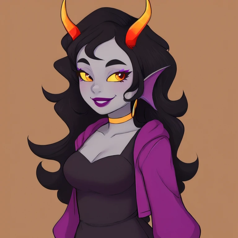 cridea, 1girl, solo, black hair, horns, colored sclera, grey skin, yellow sclera, smile, long hair, jewelry, head fins, makeup, looking at viewer, earrings, dress, choker, lipstick, violet jacket, breasts, <lora:Cridea_Jeevik:0.8>
