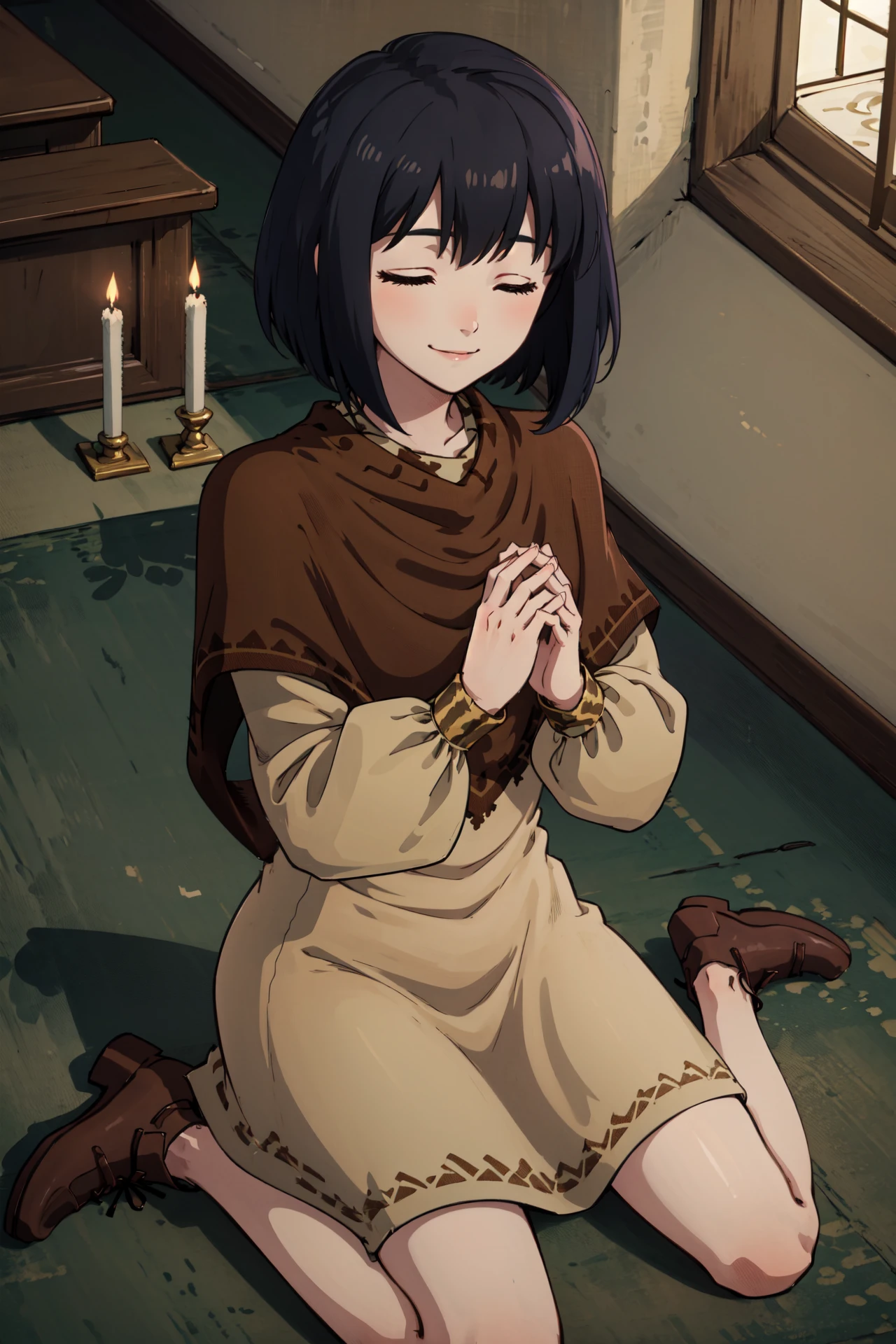 from above,hands together,wariza,closed eyes,praying,<lora:muirneV1:0.8>,muirne, long sleeves, looking at viewer,smile, shoes, brown dress, capelet,indoors,chapel,Altar,(masterpiece, best quality, ultra-detailed, best shadow)