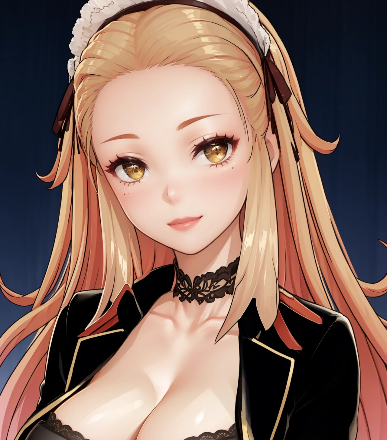 <lora:COM3D2_KikuAV1:0.8>,kikua,long hair,,calm smile,maturefemale,cleavage, outfit,simple background, gradient background,portrait