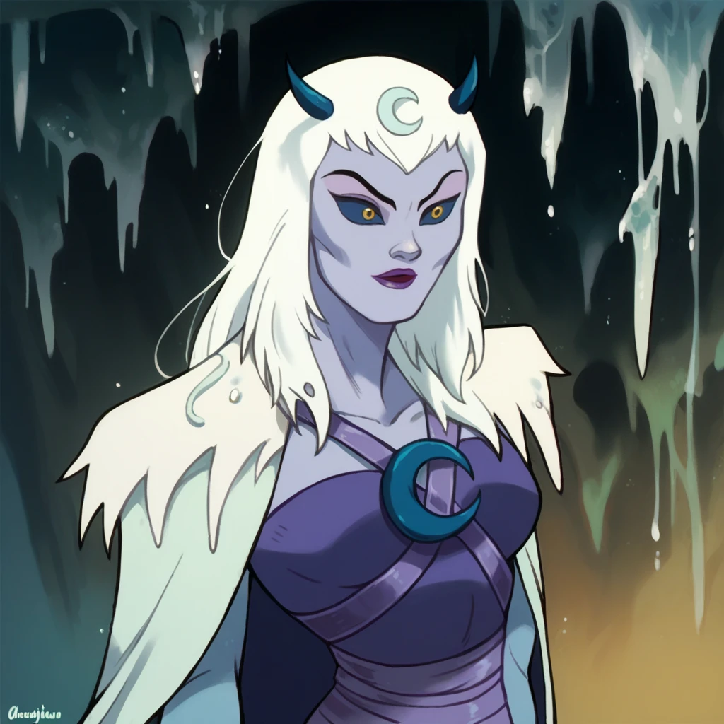 score_9, score_8_up, score_7_up, score_6_up, score_5_up, score_4_up, a girl in the snow forest, chilla, thundercats, icicles, standing, cape, smile, colored skin, white hair, long hair, solo, black sclera, yellow eyes, score_9, source_anime