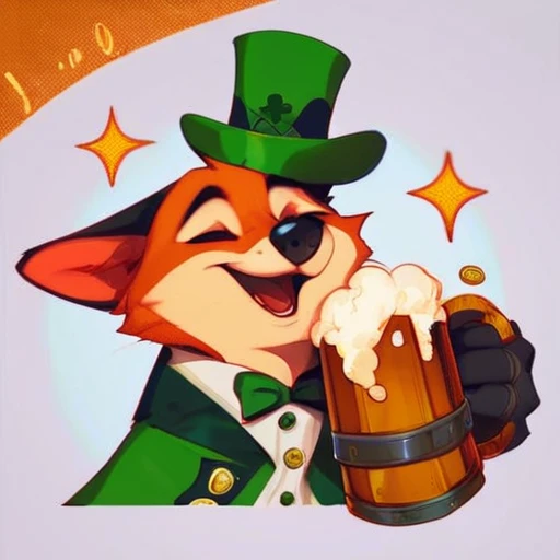 CelticFox,<lora:CelticFox:1>,score_9, score_8_up, score_7_up, score_6_up,solo,smile,open mouth,simple background,hat,white background,holding,animal ears,tail,closed eyes,cup,no humans,sparkle,watermark,holding cup,facing viewer,furry,alcohol,top hat,mug,green headwear,beer,coin,beer mug,clover,four-leaf clover,barrel,saint patrick day style