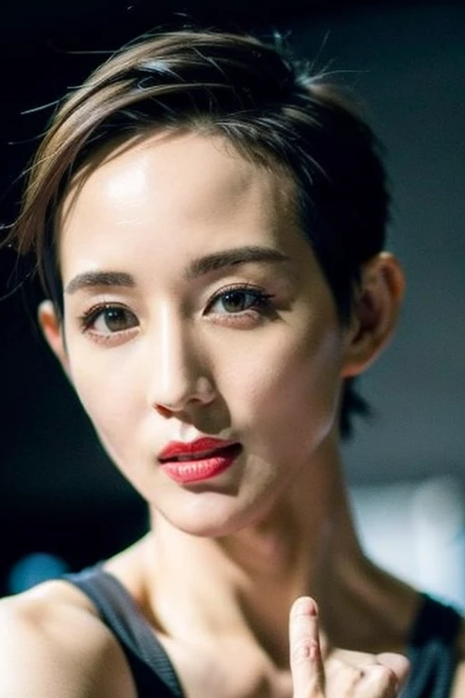 Best quality,masterpiece,ultra high res,(photorealistic:1.2),1girl,in the dark,deep shadow,low key,slim body,japanese street alley,dynamic pose,face closeup,makeup,lipstick,<lora:ning_chang:0.9>,(short hair:1.5),