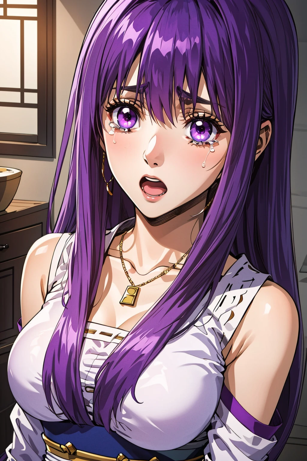 ((masterpiece, best quality)), detached sleeves, long sleeves, dress, necklace, sash, front view, close-up, big eyes, wide-eyes, open mouth, tears,
<lora:ye-ziyun-v1.0-lora:1> yeziyun, long hair, bangs, purple hair, purple eyes, bedroom, xianxia,