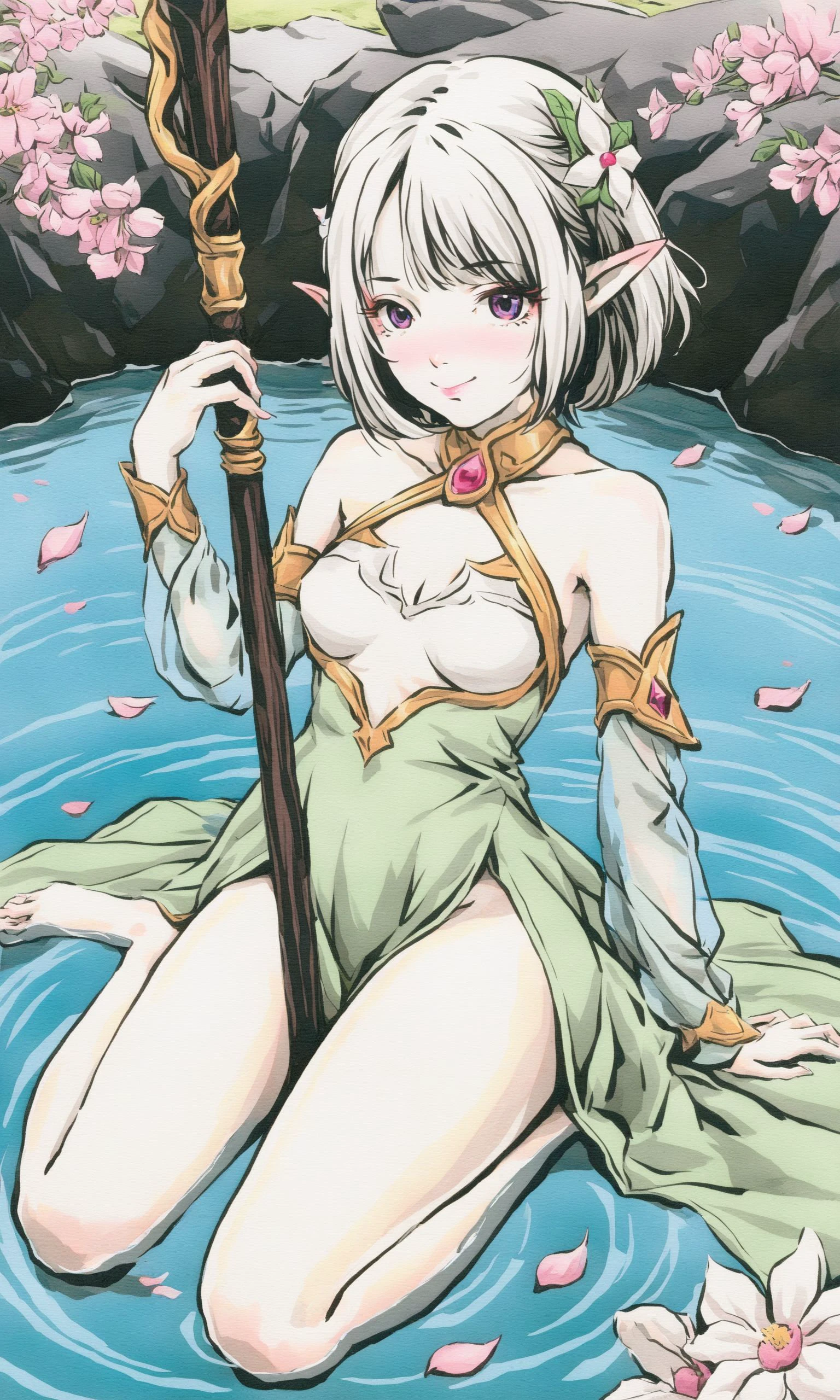 masterpiece,best quality,ultra-detailed,beautiful,nai3,1girl,solo,full_body,tachi-e,
kokkoro_(princess_connect!) 1girl bangs bare_shoulders barefoot blush breasts cherry_blossoms closed_mouth detached_sleeves dress elf falling_petals flower full_body green_dress grey_hair hair_between_eyes hair_flower hair_ornament holding looking_at_viewer petals pink_flower pointy_ears purple_eyes ripples see-through see-through_sleeves short_hair sitting small_breasts smile solo staff thighs wariza water white_flower white_hair,