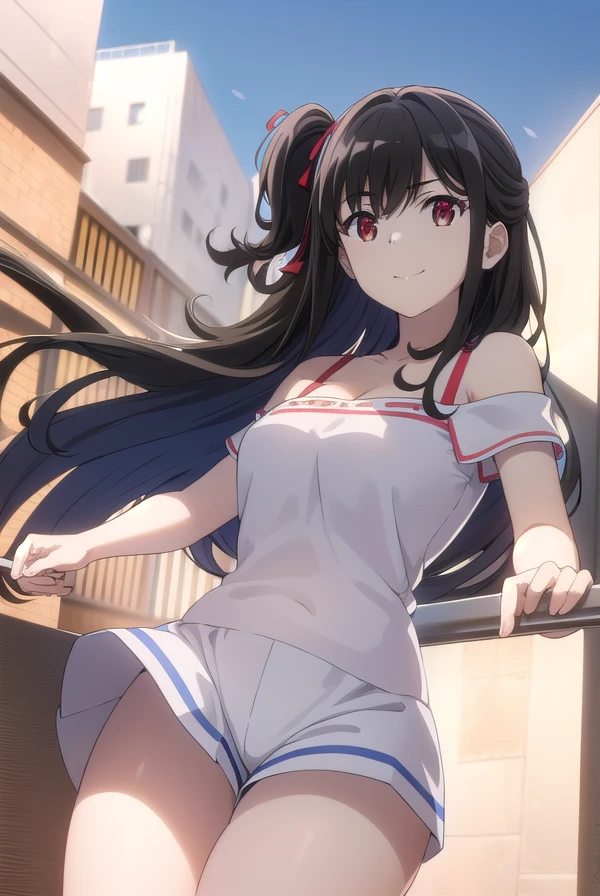 nagisanatsunagi, <lora:nagisa natsunagi s1-lora-nochekaiser:1>,
nagisa natsunagi, long hair, black hair, (red eyes:1.3), very long hair, one side up, smile,
BREAK shirt, cleavage, bare shoulders, collarbone, white shirt, shoes, shorts, off shoulder, short shorts, black shorts, white footwear, off-shoulder shirt,
BREAK outdoors,
BREAK looking at viewer, dynamic pose, cowboy shot,
BREAK <lyco:GoodHands-beta2:1>, (masterpiece:1.2), best quality, high resolution, unity 8k wallpaper, (illustration:0.8), (beautiful detailed eyes:1.6), extremely detailed face, perfect lighting, extremely detailed CG, (perfect hands, perfect anatomy),