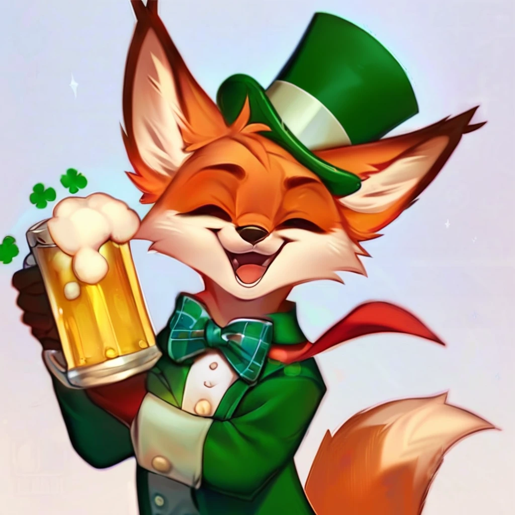 CelticFox,<lora:CelticFox:1>,score_9, score_8_up, score_7_up, score_6_up,solo,smile,open mouth,simple background,hat,white background,holding,animal ears,tail,closed eyes,cup,no humans,sparkle,watermark,holding cup,facing viewer,furry,alcohol,top hat,mug,green headwear,beer,coin,beer mug,clover,four-leaf clover,barrel,saint patrick day style