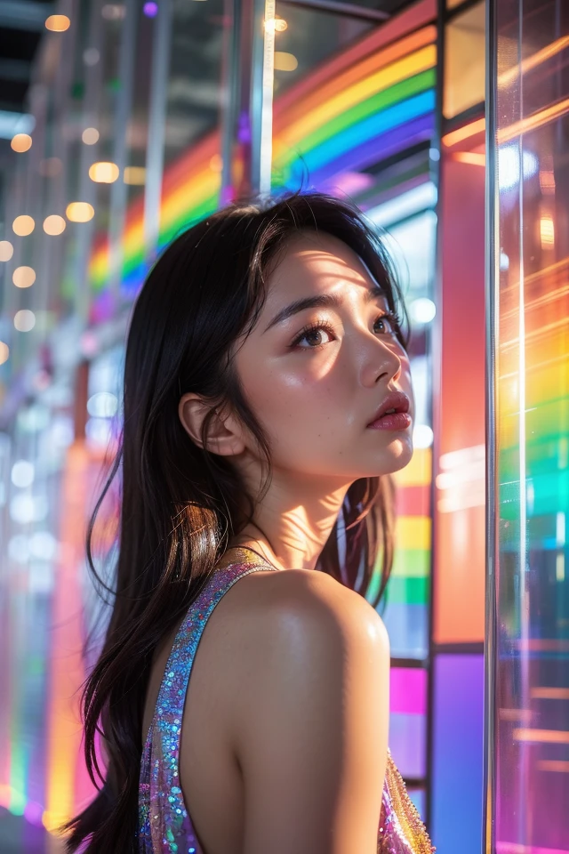 A 28-year-old Asian girl,Upper body view,Surrounded by a vibrant display of rainbows,The background is a complex glass structure,The rainbows create a mesmerizing atmosphere,reflecting off the transparent surfaces,The scene is modern,colorful,and filled with a sense of wonder,Detailed,magical,
1girl,best quality,masterpiece,illustration,an extremely delicate and beautiful,CG,unity,8k wallpaper,Amazing,finely detail,masterpiece,official art,extremely detailed CG unity 8k wallpaper,incredibly absurdres,huge filesize,ultra-detailed,highres,extremely detailed,beautiful detailed girl,realistic,<lora:rainbow glass_20240305204338:0.8>,