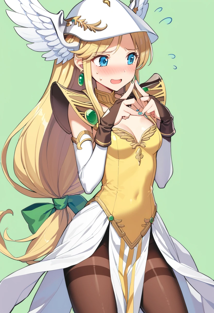1girl, riesz, vanadis, blonde hair, pantyhose, solo, low-tied long hair, jewelry, helmet, cleavage, blush, very long hair, blue eyes, winged helmet, open mouth, earrings, thighband pantyhose, bridal gauntlets, shoulder armor, flying sweatdrops, smile, green background, hair bow, bangs, detached sleeves, head wings, green bow, black legwear, sweatdrop, white footwear, white headwear, standing, brown legwear, simple background, pauldrons, bracelet, cowboy shot, fingers together, index fingers together, x fingers, hair ribbon, white dress, eyebrows visible through hair, green ribbon, sidelocks, sweat, thighhighs, looking away, knee boots, yellow leotard, elbow gloves, white sleeves, :d, white wings, cosplay, looking to the side, pelvic curtain, small breasts, embarrassed, long sleeves, nail polish, masterpiece, best quality <lora:riesz_sdxl_locon_ani_v1:0.7>