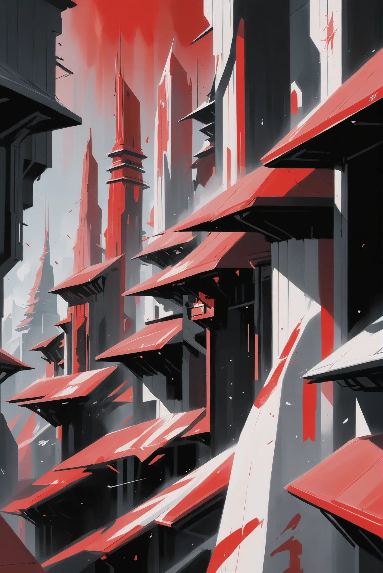 digital painting, <lora:EnvyTritoneXL01 Red-Black-White:1>, a angelic,wonderous scifi mountainside city