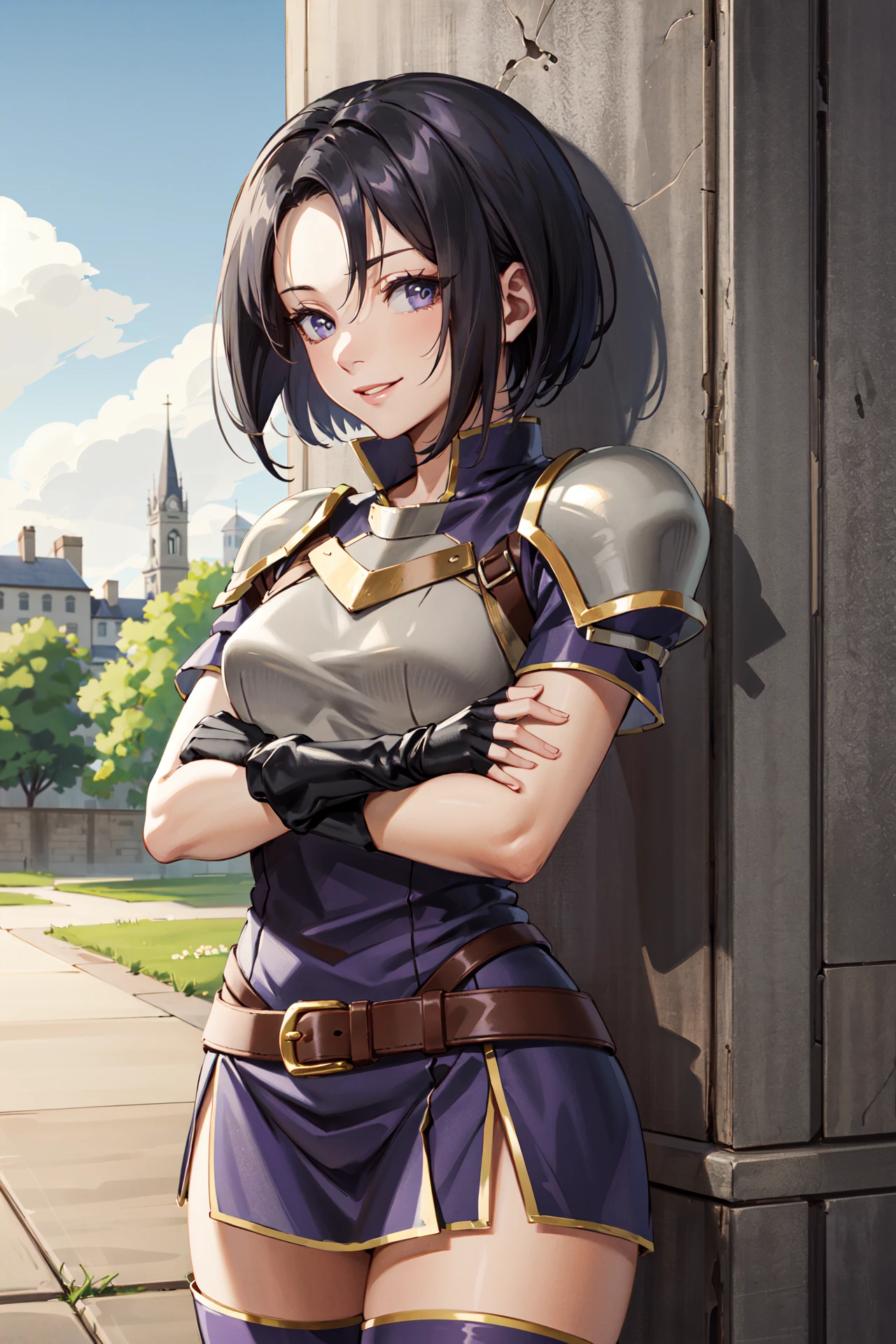 upper body,crossed arms, <lora:creidneV1-1:0.9>,smile,creidne,looking at viewer,short hair, center-parted bangs,forehead,purple thigh boots,thighs,  thighhighs,black fingerless gloves,short dress, breastplate,purple footwear, pauldrons, short sleeves, belt, purple dress,shoulder pads,outdoors,castle, (masterpiece, best quality, ultra-detailed, best shadow)