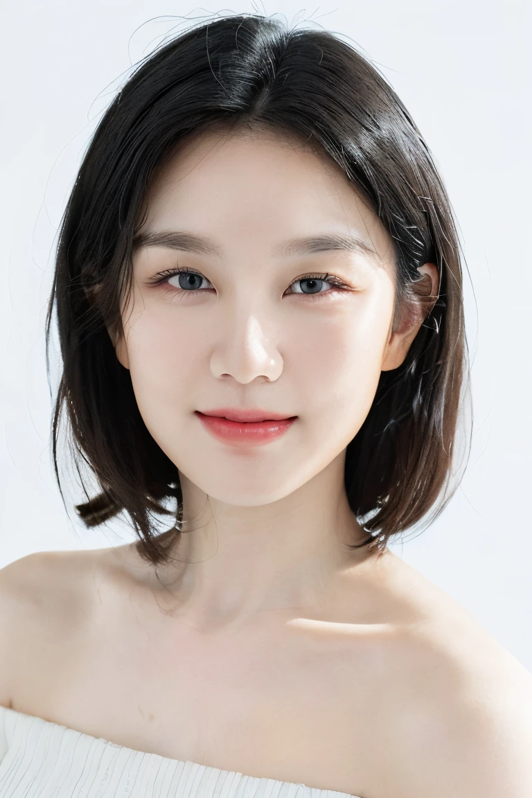 (masterpiece, top quality, best quality, (close-up photograph: 2), ((1girl)), korean, fair skin, (extremely detailed face), ((looking at viewer)), ((((ultra-detailed eyes and pupils)))),((((ultra-detailed lips)))) cheekbone, plump cheeks, ((bare pectorals)), ((bare chest)), ((tube dress)), bare head, ((bare shoulders)), symmetrical frame, (((strapless))), ((closed lips)), (((smile))), ((symmetrical pose)), (symmetrical face: 1.6), 35mm, ((((minimal plain white background)))), ((no lighting)),no watermark, ((medium hair)), <lora:NOVjiejie:0.7>