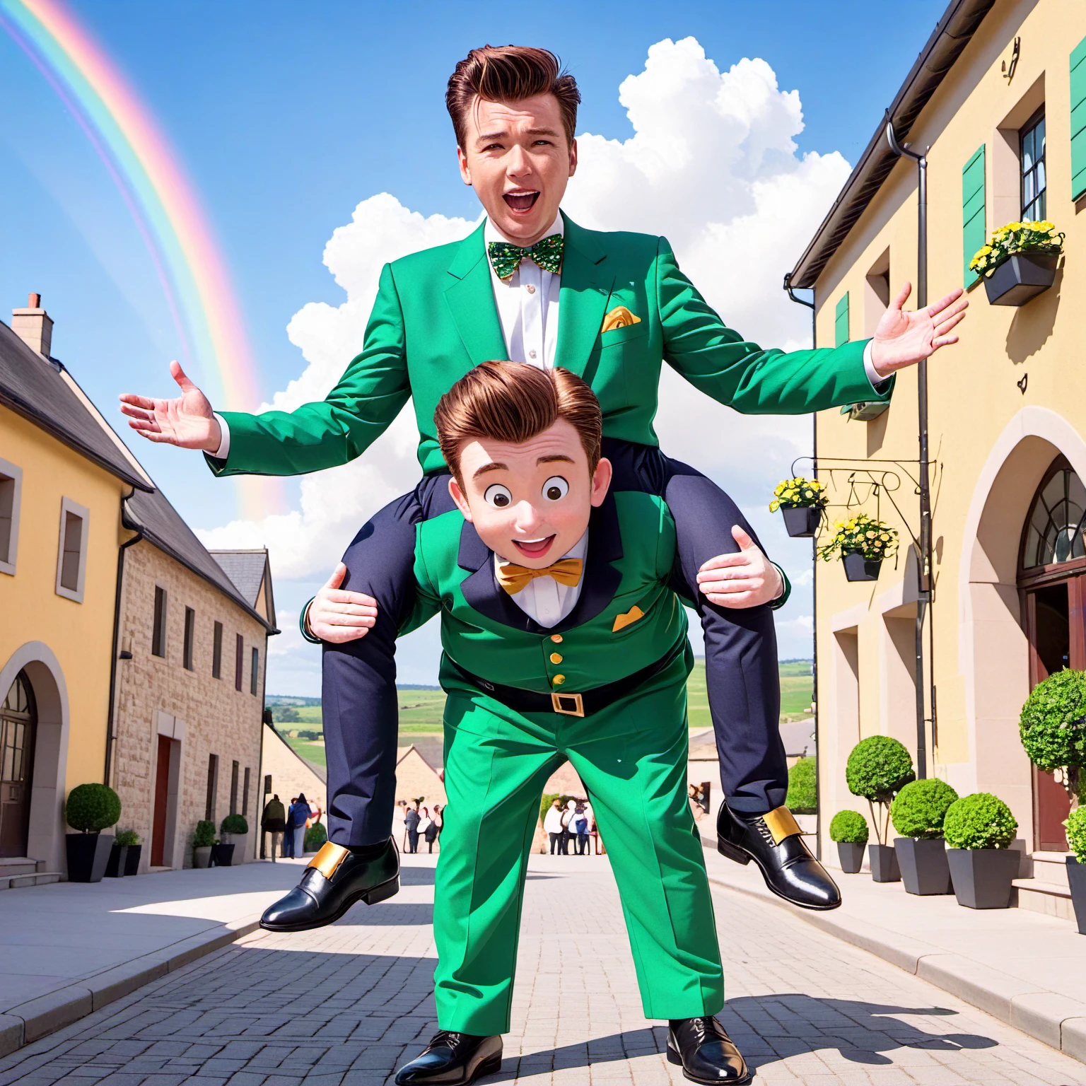  In this playful, anime-style scene, Rick Astley is depicted in a whimsical and humorous light, carrying a person, who is the unsuspecting victim of a Rickroll, on his back. Both are dressed in extravagant leprechaun attire: vibrant green suits, complete with buckled shoes, pointy hats, and matching bow ties. Astley has a mischievous grin, symbolizing the playful deception of a Rickroll, while the carried individual exhibits a mix of surprise and amusement, embodying the spirit of being caught in the act. They traverse a magical, exaggerated version of the Irish countryside, replete with oversized shamrocks, pots of gold at every turn, and rainbows arching across a brightly lit, emerald sky. The entire setting is imbued with a sense of fun and irony, reflecting the internet meme culture from which the scene draws inspiration, all while maintaining a fairy tale-like charm and vibrancy.