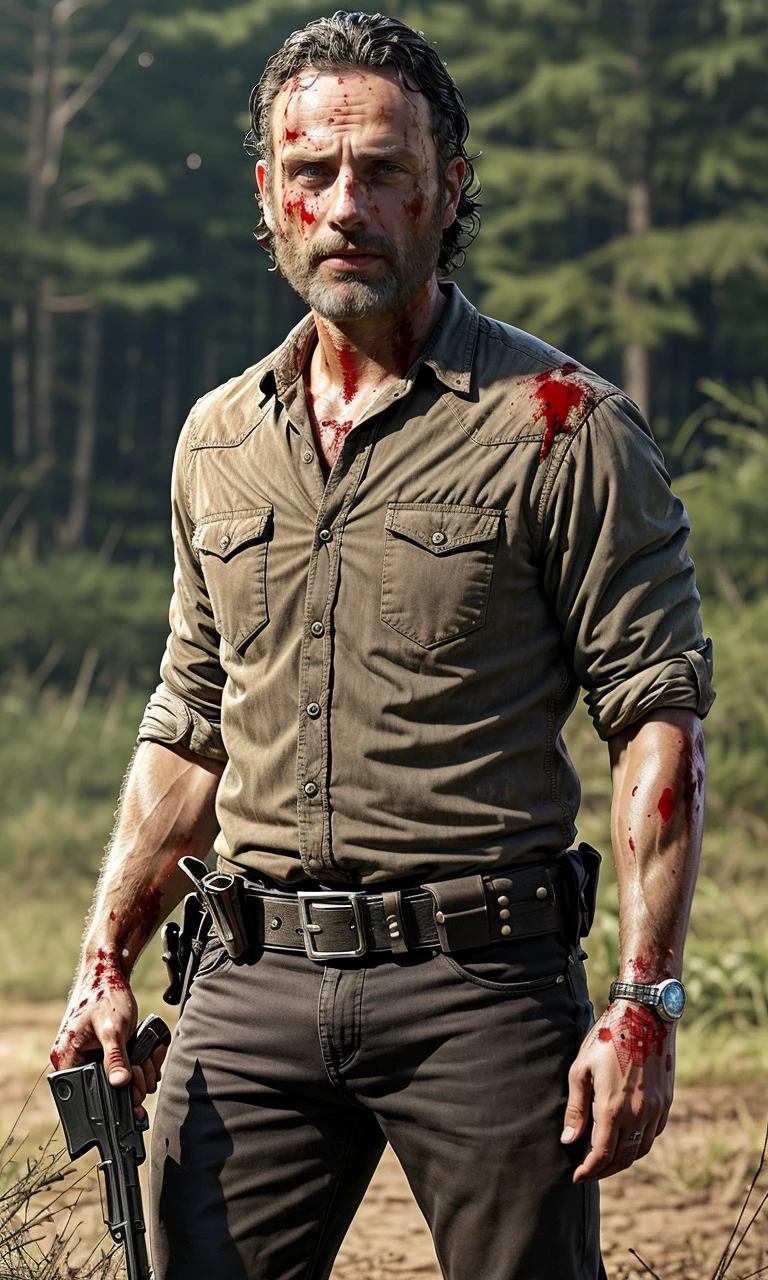 rickgrimes2024, 1 man, best quality, photorealistic, covered in blood, holding revolver,