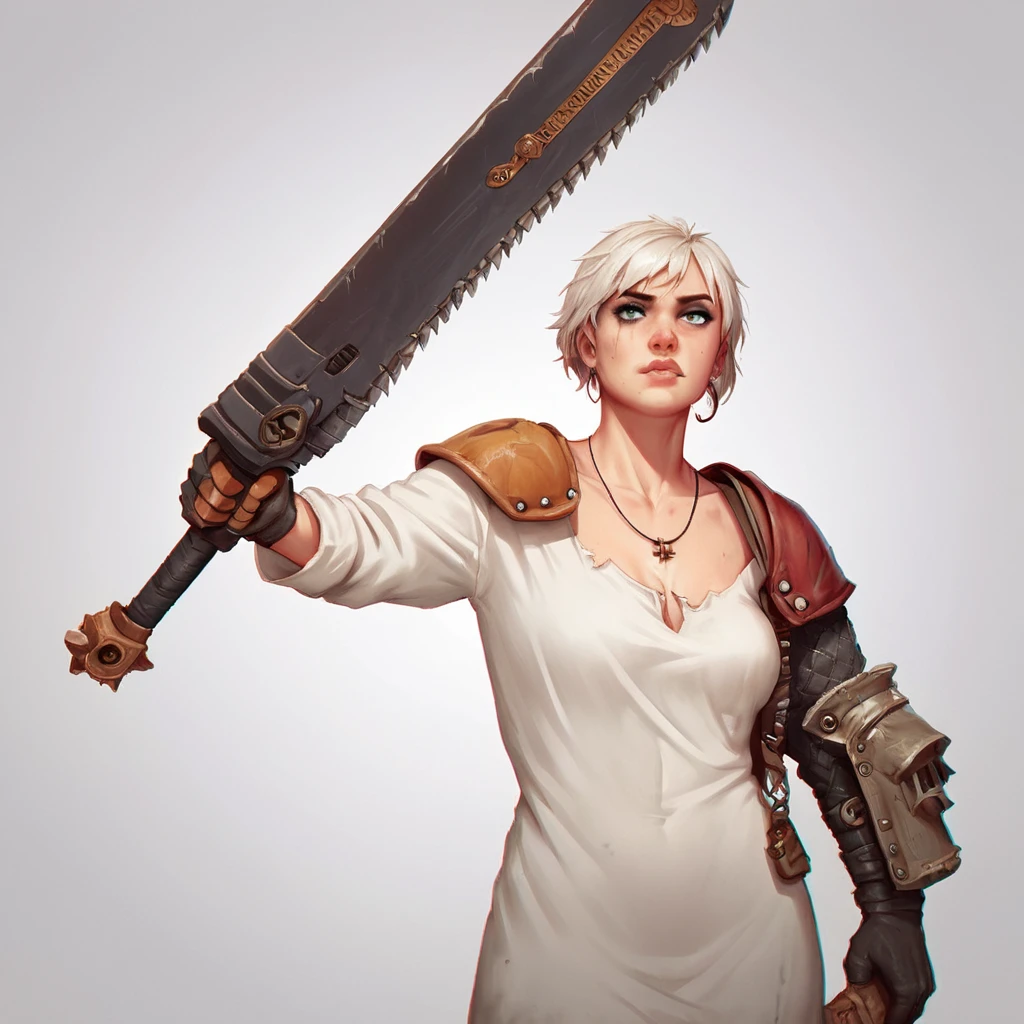 score_9, score_8_up, score_7_up, source_cartoon, a criminal (holding a 40kchainsword), in a scrap yard,