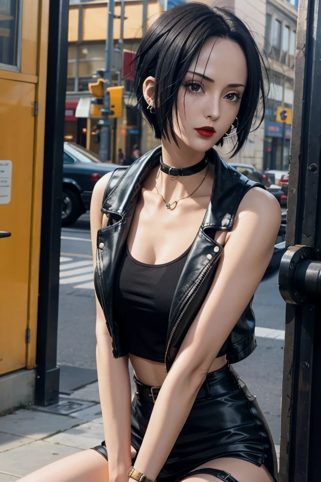 (Nana_Osaki), 1990s, black hair, short hair, earrings, 1girl, ring, red lips, solo, makeup, black eyes, black choker, choker, collarbone, ear piercing, eyelashes, eyeshadow, necklace, red nails, leather jacket, white tank, black miniskirt, black legwear garter, black boots, perfect eyes, perfect face, detail eyes, upper body,
