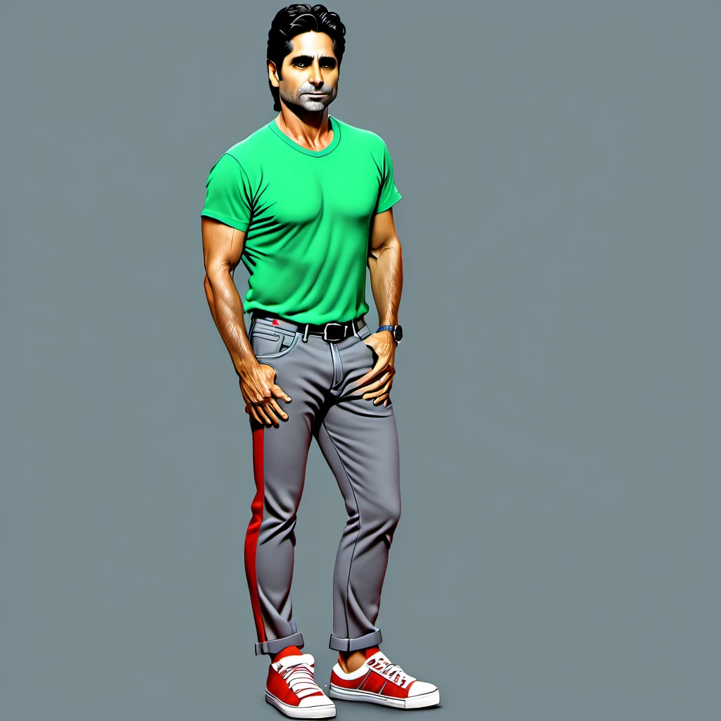 Side profile, John Stamos wearing a green t-shirt gray pants and red sneakers