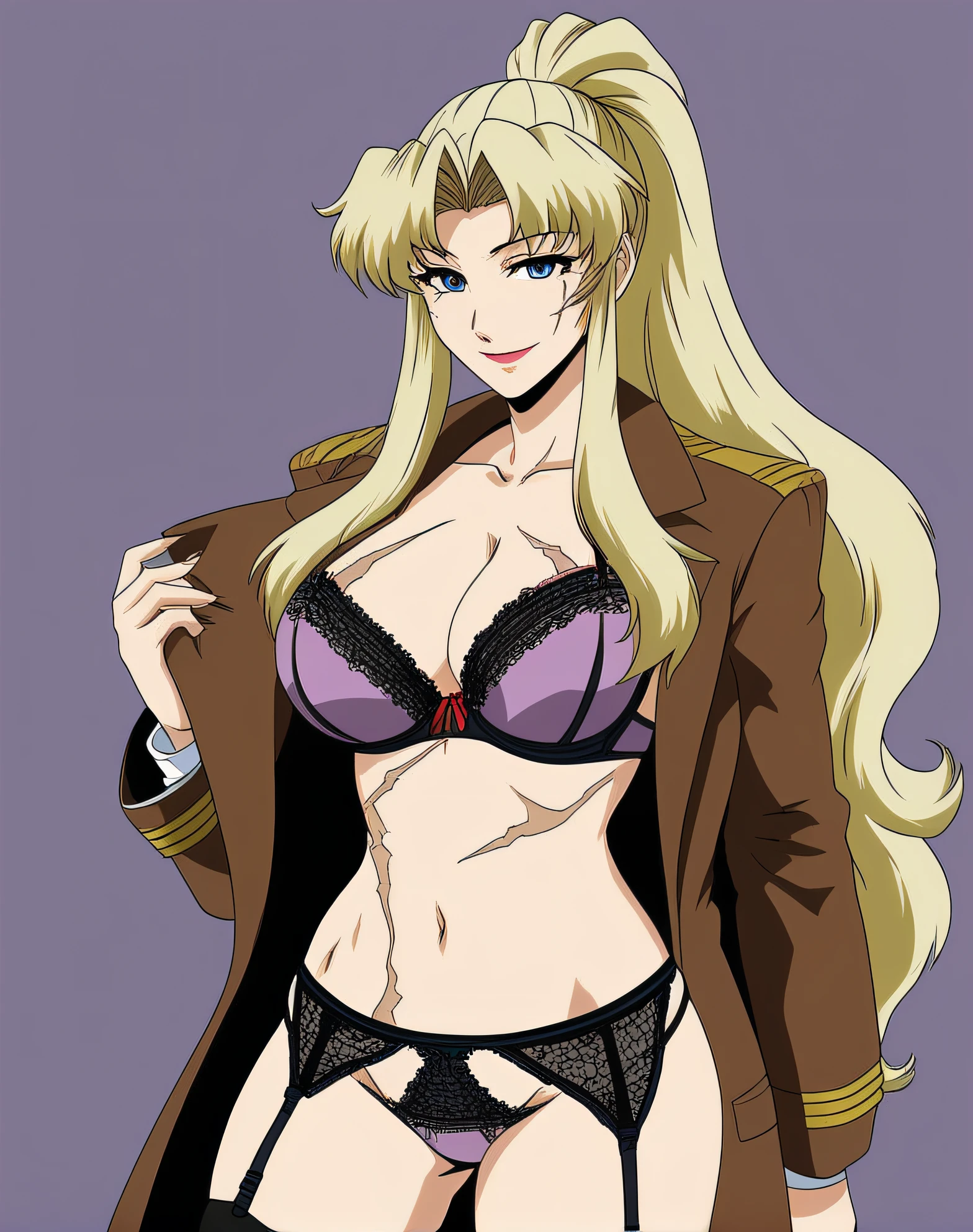 Balalaika 1girl,solo,long hair,breasts,looking at viewer,smile,blue eyes,blonde hair,large breasts,simple background,thighhighs,navel,holding,cleavage,underwear,panties,jacket,ponytail,open clothes,black thighhighs,bra,coat,black panties,scar,lingerie,black bra,garter belt,purple bra,scar on chest,(retro artstyle) <lora:Balalaika:0.7>