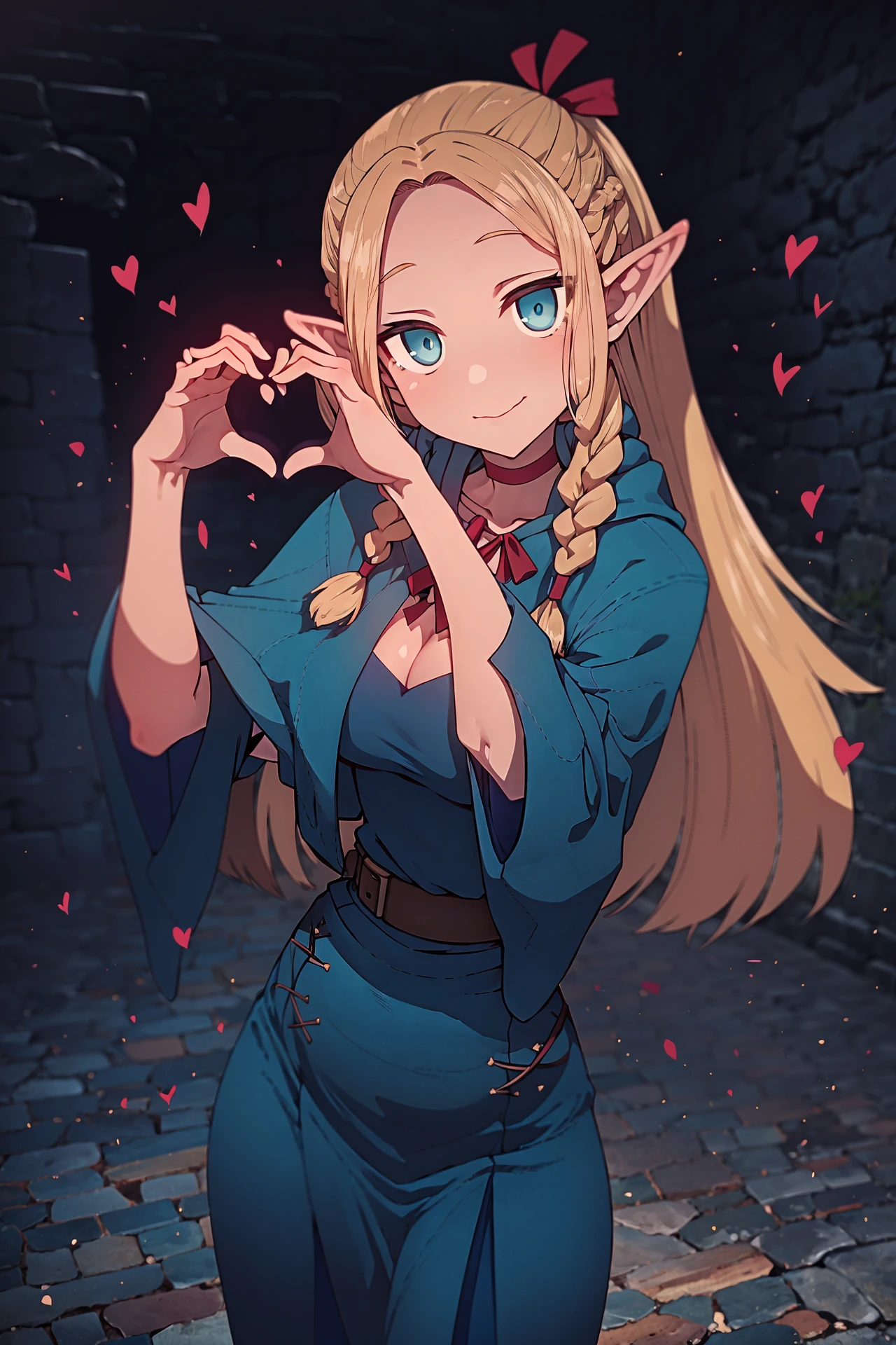 (masterpiece, top quality, extremely detailed, best quality, beautiful and aesthetic:1.2), (1girl:1.3), official art, high resolution, surreal, <lora:sumiyao+MEI2-000010:1> sumiyao+, <lora:marcille_donato:0.7> marcille donato,elf,pointy ears,long hair,twin braids,hair ribbon,red choker,blue capelet,robe,long dress,blue dress,long sleeves,red ribbon,belt,wide sleeves,skirt,pants,pants under skirt,sandals,white footwear, standing, heart, heart hands, awkward smile, wavy mouth,