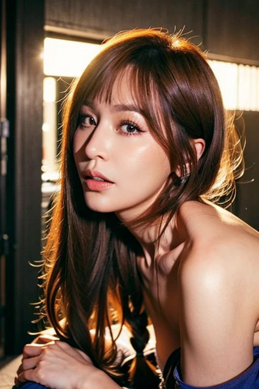Best quality,masterpiece,ultra high res,(photorealistic:1.2),1girl,in the dark,deep shadow,low key,(photorealistic:1.2),slim body,undone hair,off shoulder,japanese street alley,dynamic pose,face closeup,<lora:cyndi_wang:1>,