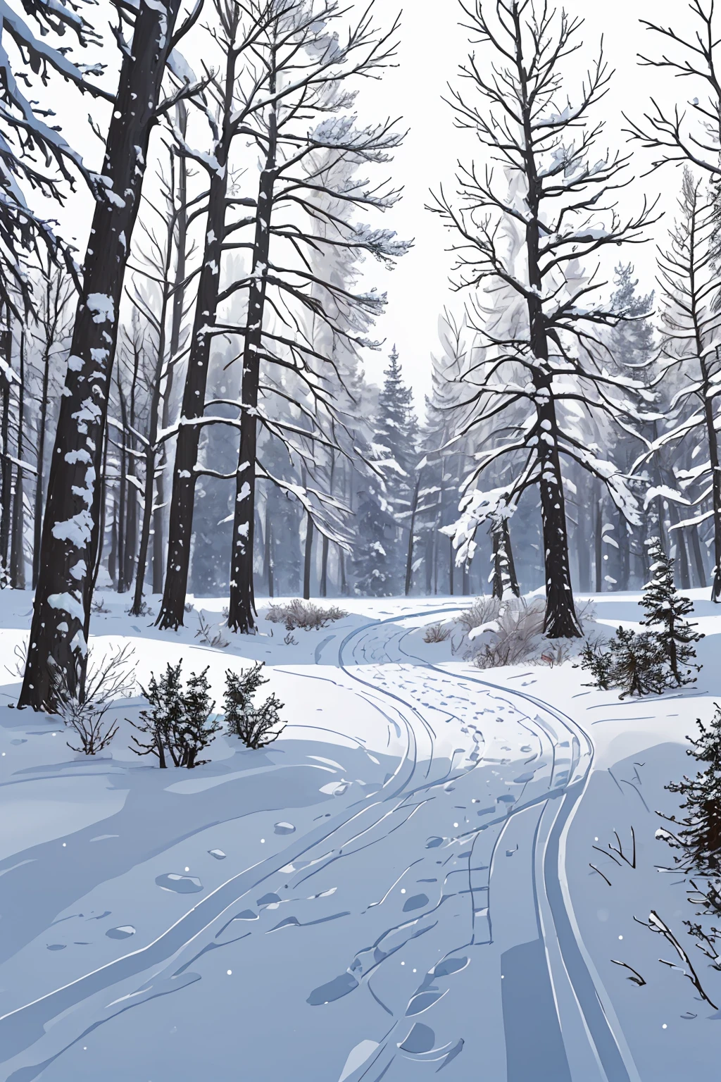 artistic winter landscape, a snow covered forest with big trees and small bushes, tracks in the snow, cold, windy, highly detailed,