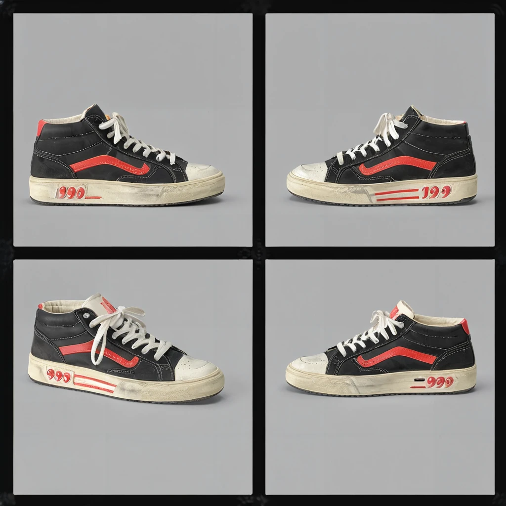 <lora:Everly_Heights_Prop_Generator:1> a pair of 1990s sneakers (front, back, side:1.2)