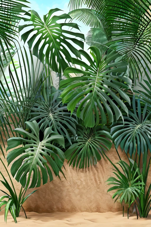 Create a digital painting capturing the serene beauty of tropical plants swaying in the gentle breeze on a sandy beach.