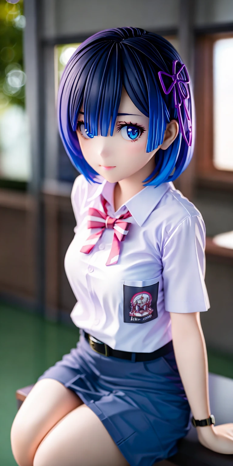 (((Ultra-HD-quality-details))) 1girl, rem\(rezero\), face, cewe-sma, white shirt, gray skirt , belt, class room, looking at viewer, ((bokeh)) <lora:cewe-sma:1>