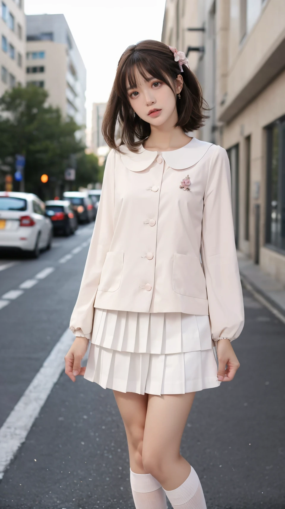 best quality,HDR,UHD,8K,Vivid Colors,solo,photo_,(1girl:1.3),(standing:1.3),(looking at viewer:1.4),Elegant,detailed gorgeous face,(knees up:1.2),(street background:1.2),<lora:Twinkle1:0.75>,white skirt,kindergarten uniform,pink shirt,