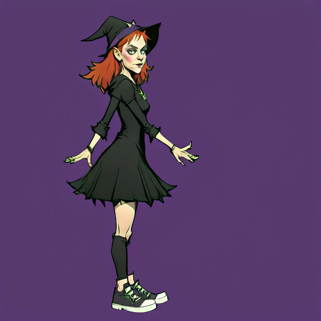 <lora:Everly_Heights_Character_Maker:1> Side profile, Teen Witch with red hair wearing a black dress pointed hat and sneakers