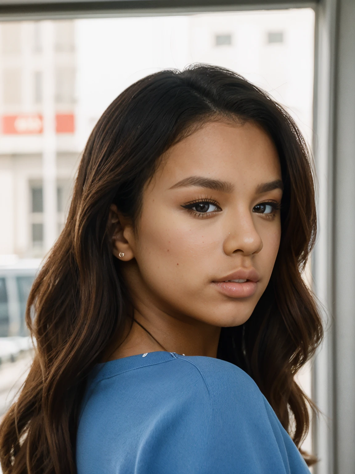 epic35mm, photo of beautiful (block_autfal:0.99), a woman, perfect long dark hair, (closeup portrait), (crewneck sweatshirt:1.1), 85mm, (analog, cinematic, film grain:1.3), (metro station), ((detailed eyes)), (color picture:1.1), (looking at viewer), <lora:epiC35mm:1>