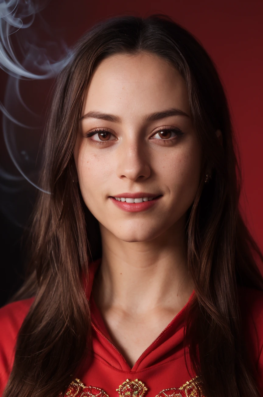 ((RedTheme, Red backdrop:1.4)) (Close-Up Shot, headshot:1.4) DV_S2_Chrissi_Vicious (brunette long hair:1.4) wearing (Red sweatshirt :1.4) 35mm, F/2.8 ((Photo Focus, DOF, Aperture, insanely detailed and intricate, character, hypermaximalist, elegant, ornate, beautiful, exotic, revealing, appealing, attractive, amative, hyper realistic, super detailed, heresy flares)) (grin:1.1)(volumetric red smoke:1.3)  (Facial Close up shot:1.4)