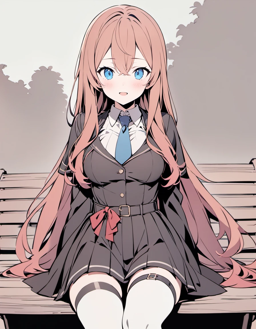line_art,monochrome,sepia,flat_color,jyt,kierose,1girl,pastel colors, solo, long hair, breasts, looking at viewer, blush, bangs, skirt, shirt, long sleeves, dress, bow, hair between eyes, very long hair, necktie, red bow, capelet, blue necktie, frown, no headwear,outdoors,sitting,bench,park,blush,smile,blue_eyes,red_hair,black_dress,black capelet, ribbon,bow, collared shirt, black sleeves, white thighhighs,dress_top, best_quality,masterpiece,open_mouth,buttons,:D,waist bow, pleated skirt,button,blue sky,thigh strap,belt,chest strap,looking at viewer,((red_ribbon)),looking at viewer, (arms behind back) <lora:kierose_xl_v1:1>