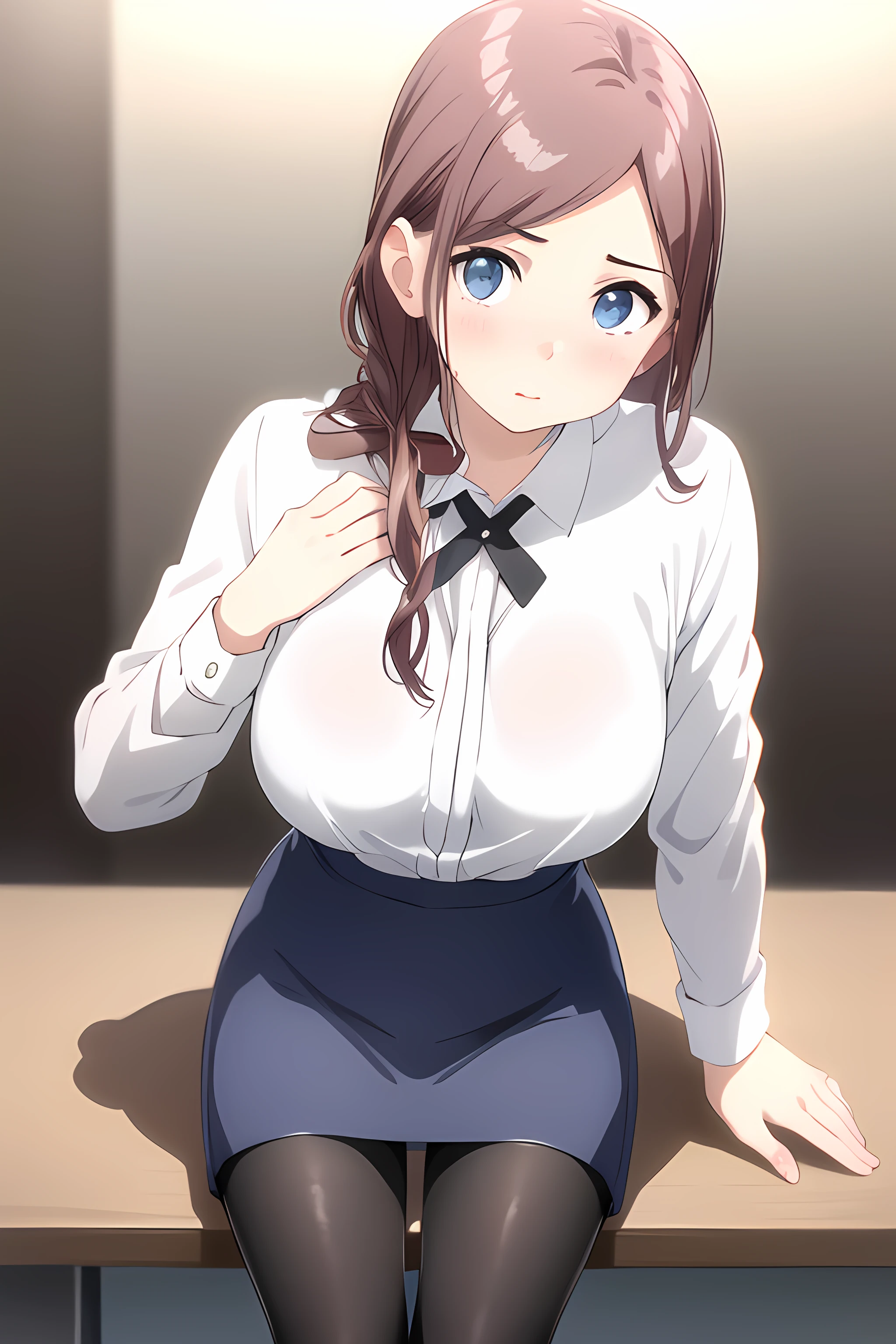 ((masterpiece, best quality)), 1girl,solo,sitting,bangs, saya orisaki \(one room\), blue_eyes,blush, brown_hair, long_hair, long_sleeves, looking_at_viewer ,(white_shirt),(pantyhose, pencil_skirt), ribbon,,,,,,extremely detailed CG unity 8k wallpaper, perfect lighting,Colorful, Bright_Front_face_Lighting,White skin, (masterpiece:1.0),(best_quality:1.0), ultra high res,4K,ultra-detailed, photography, 8K, HDR, highres, absurdres:1.2, Kodak portra 400, film grain, blurry background, bokeh:1.2, lens flare, vibrant_color,professional photograph,bow breasts, (beautiful_face:1),(detailed eyes),(narrow_waist),(Beautiful medium breasts),Beautiful Finger,Beautiful long legs,Beautiful body,Beautiful Nose,Beautiful character design, perfect face,perfect balance,(2d)