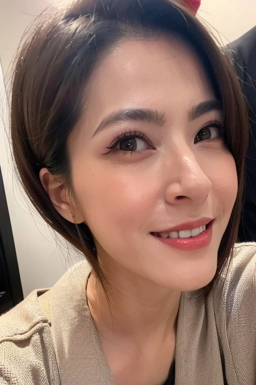 Best quality,masterpiece,ultra high res,(photorealistic:1.2),1girl,deep shadow,low key,slim body,dynamic pose,face closeup,brown hair,smile,makeup,<lora:jill_su:0.9>,