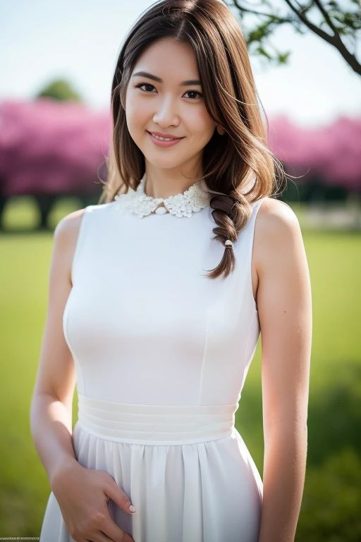 1girl,(RAW photo, best quality), (realistic, photo-realistic:1.4), masterpiece, an extremely delicate and beautiful, extremely detailed, 2k wallpaper, Amazing, finely detail, extremely detailed CG unity 8k wallpaper, ultra-detailed, highres, soft light, beautiful detailed girl, extremely detailed eyes and face, beautiful detailed nose, beautiful detailed eyes,cinematic lighting,perfect anatomy,slender body,smiling
wearing a white collared long dress,(collar,ribbon),(full body)
at a flower park,sakura flowers,flower garden,standing
<lora:saeko_lora:0.7>