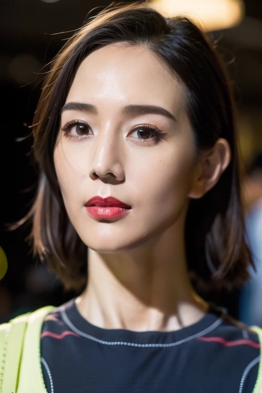 Best quality,masterpiece,ultra high res,(photorealistic:1.2),1girl,in the dark,deep shadow,low key,slim body,japanese street alley,dynamic pose,face closeup,makeup,lipstick,<lora:ning_chang:0.9>,
