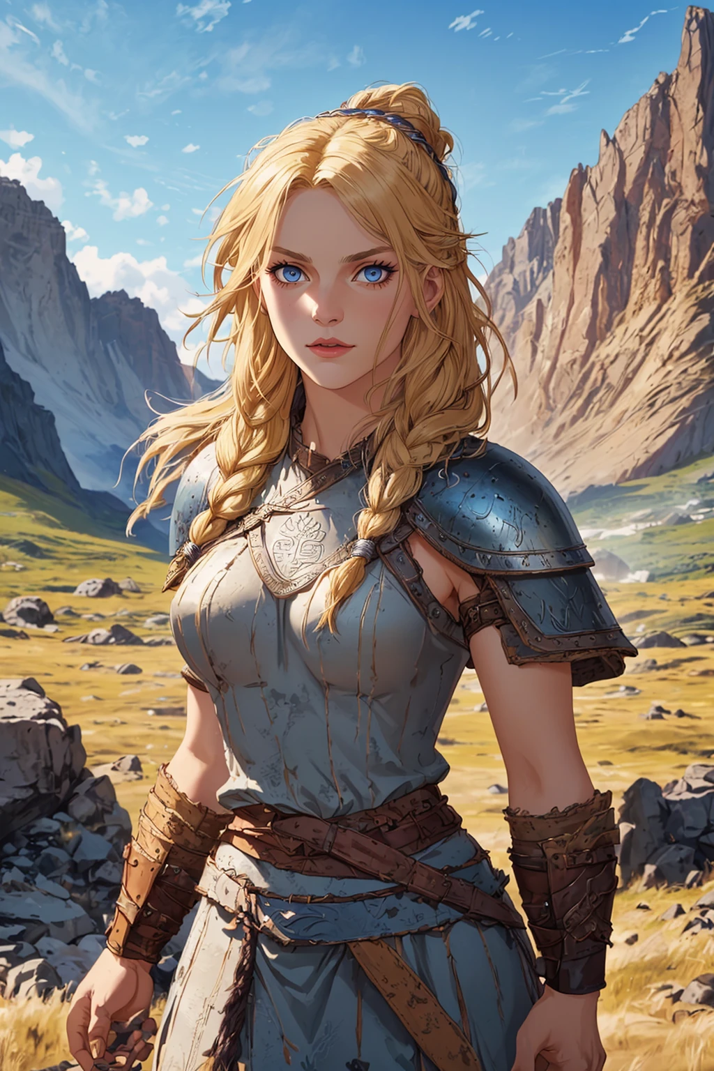 A portrait of a fierce Viking shieldmaiden, embodying bravery and resilience in a rugged landscape