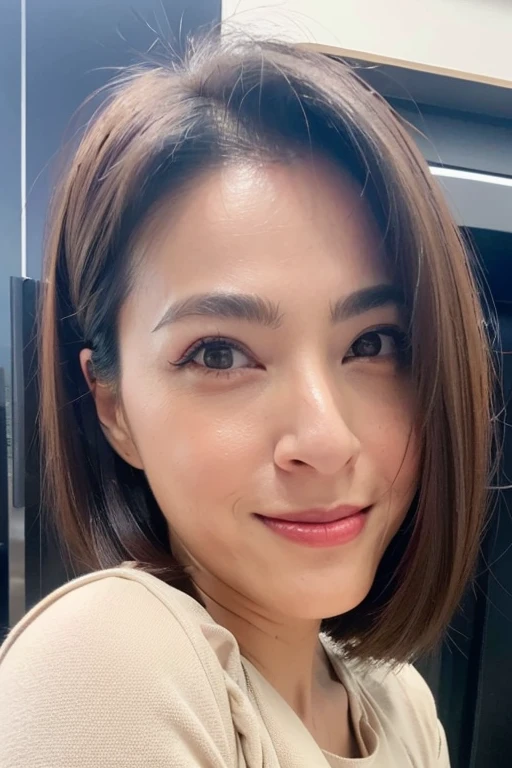 Best quality,masterpiece,ultra high res,(photorealistic:1.2),1girl,deep shadow,low key,slim body,dynamic pose,face closeup,brown hair,smile,makeup,<lora:jill_su:0.9>,