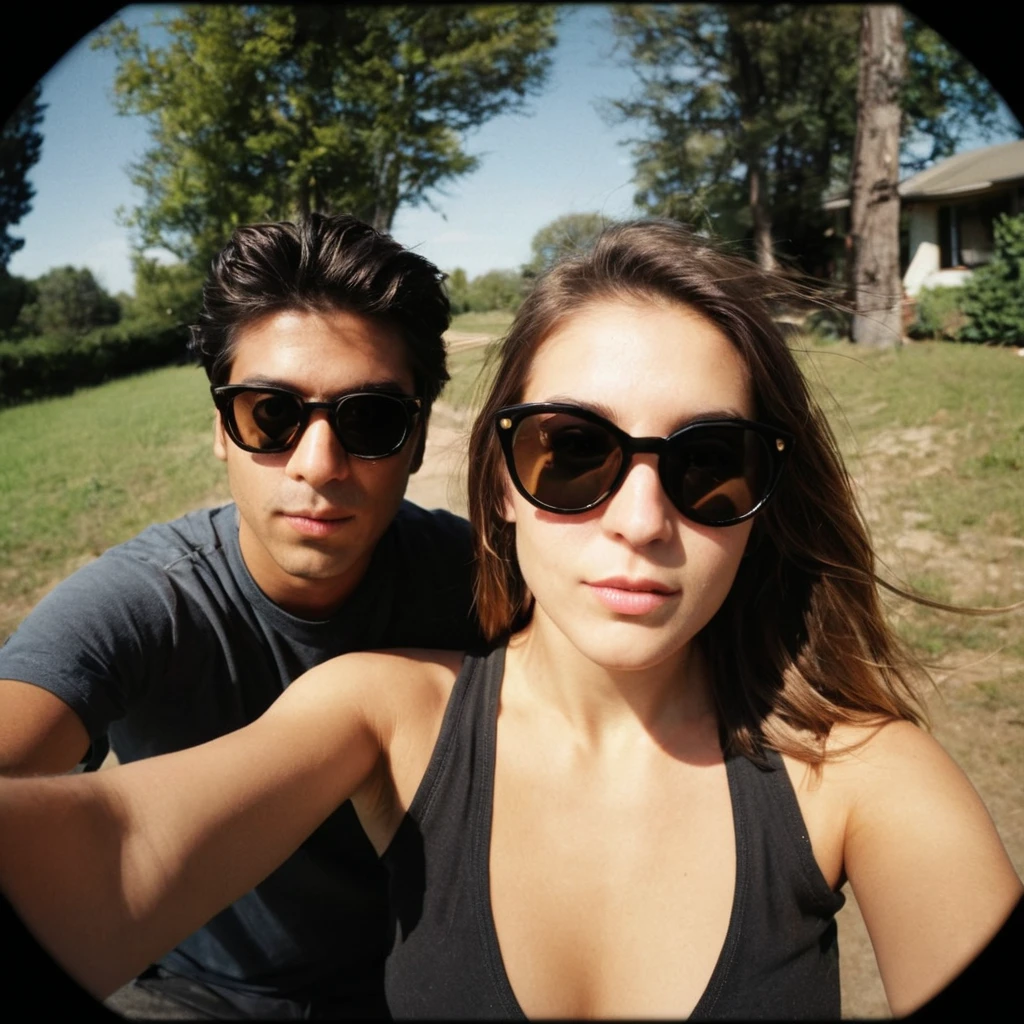 1girl, sunglasses, 1boy,(((photo 8mm fisheye lens by 8mmfishlent black borders ,zoom out))) , experimental photography, hard light --ar 3:4 --v 5.1 --style raw