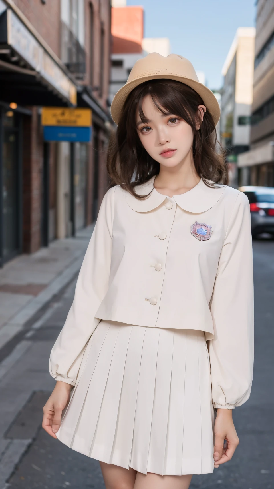 best quality,HDR,UHD,8K,Vivid Colors,solo,photo_,(1girl:1.3),(standing:1.3),(looking at viewer:1.4),Elegant,detailed gorgeous face,(cowboy shot:1.2),(street background:1.2),<lora:Twinkle1:0.75>,white skirt,kindergarten uniform,pink shirt,