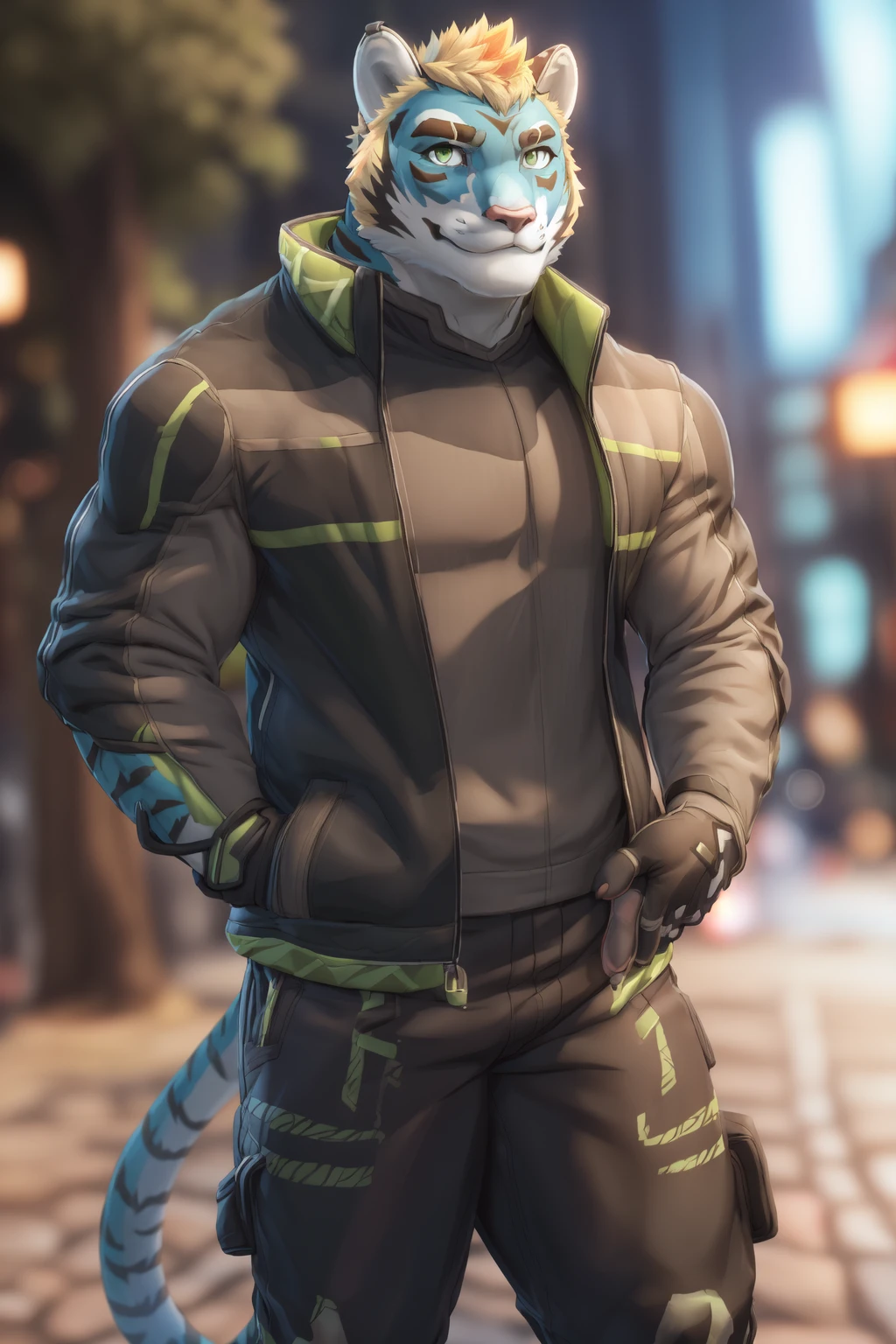 <lora:rexer-07:1>, rexer, green eyes, (posing:1.3), (soft shading), 4k, hi res, ((detailed face, detailed)), by zackarry911, by zaush, (by personalami:0.5), looking at viewer, smile, gloves, jacket, male focus, pants, fingerless gloves, blurry background, feet out of frame, thick thighs, hand in pocket, waving