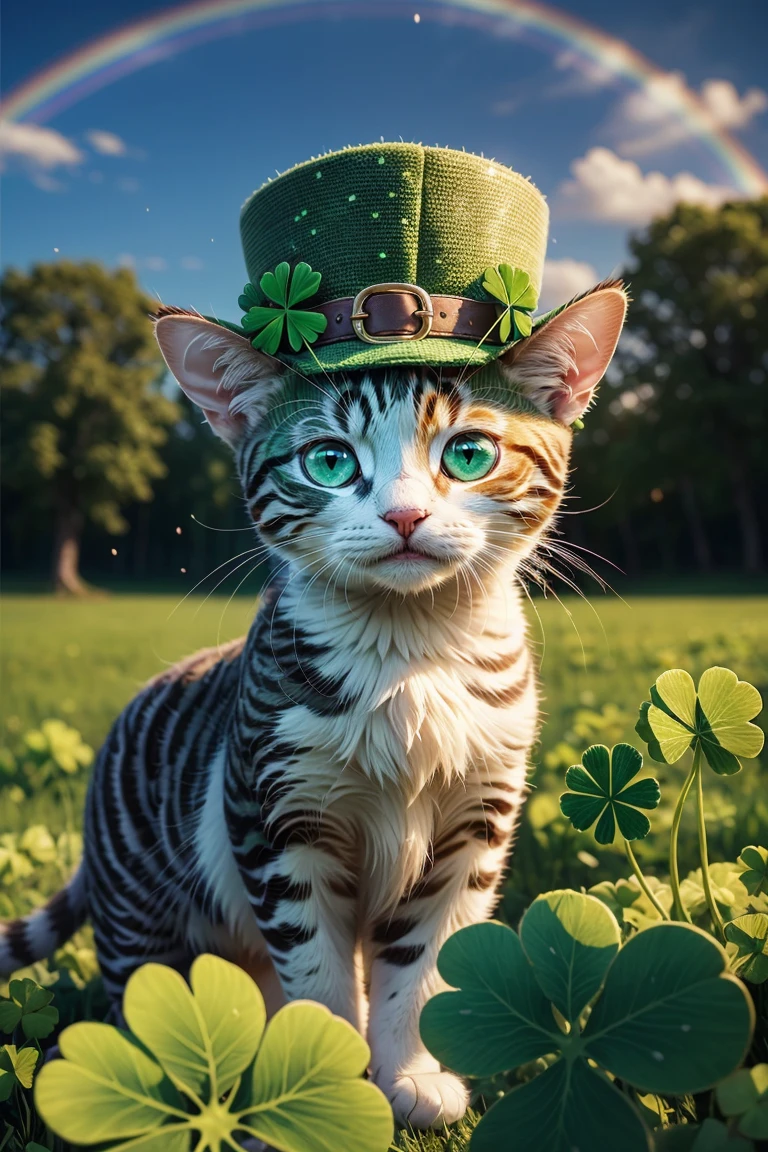 ((masterpiece, best quality)), <lora:ShamrockWorld-10:0.8>, ShamrockWorld, clover, four-leaf clover, light particles, outdoors, sky, field, rainbow, looking at viewer, hat, green eyes, bokeh, no humans, animal, cat, green headwear, animal focus, clover, four-leaf clover