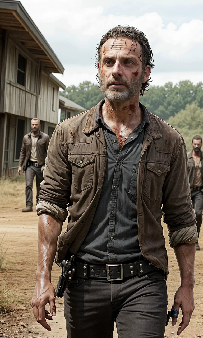 rickgrimes2024, 1 man, walking with zombies, best quality, photorealistic, short hair, buzz cut, grey beard.