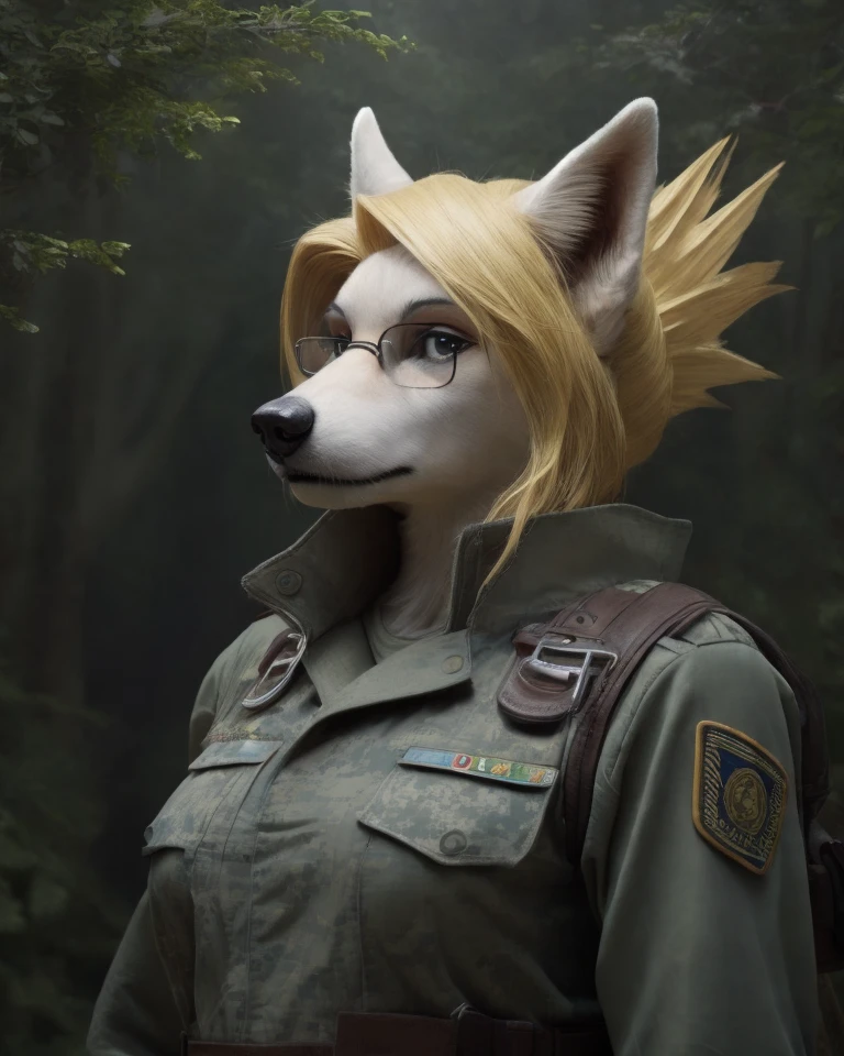 solo, photorealism, half-length portrait, forest background, ,
merveillemillion, canine, rectangular glasses, female, clothed, soldier, military uniform, <lora:merveillemillion:1>