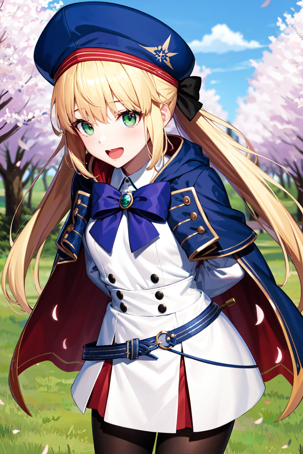 masterpiece, best quality, highres, bbcaster, long hair, twintails, beret, blue headwear, green eyes, blue cape, bowtie, white dress, long sleeves, buttons, double-breasted, blue belt, black pantyhose, <lora:artoria_caster_(caster)_v1:0.7>, arms behind back, smile, open mouth, standing, cowboy shot, bent over, leaning forward, outdoors, cherry blossoms,