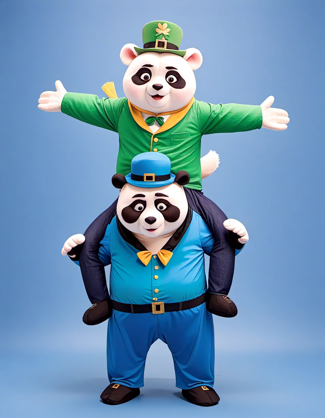 For the scenario where Kung Fu Panda (who is Po) is depicted giving a piggyback ride to another character or possibly to a version of himself, both dressed as leprechauns, here's the structured image description and prompt. I'll interpret your request as Po giving a piggyback ride to another character from the "Kung Fu Panda" series, such as one of the Furious Five, while both are dressed as leprechauns, due to the character name repetition: