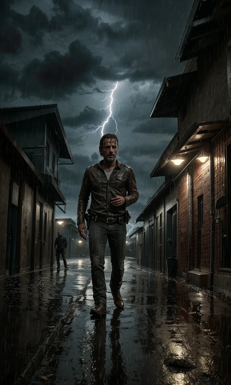 rickgrimes2024, 1 man, running, best quality, photorealistic, dark alley, night, raining, wet hair, wet clothes, wet skin, heavy rain, noir, lightning, crying, sad, emotional,
